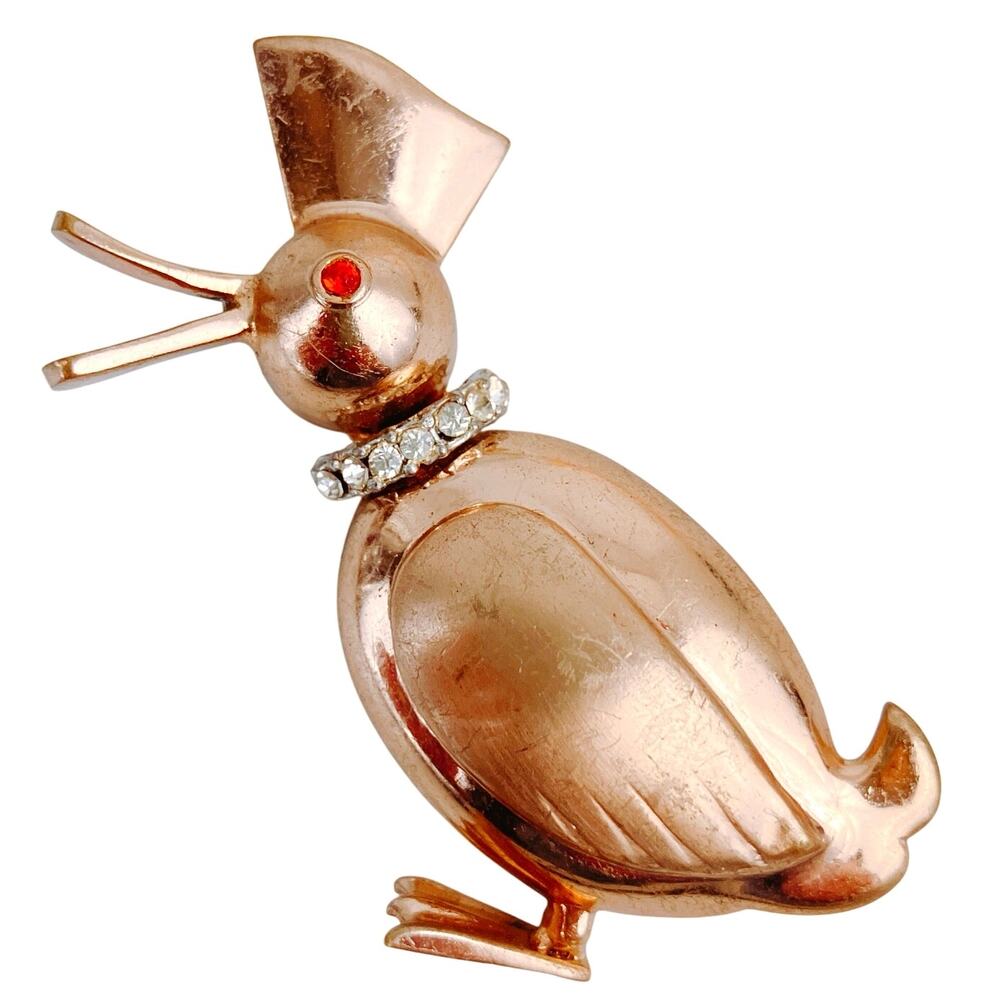VTG Gold Tone Duck Brooch with Rhinestone Collar Whimsy 50s Figural Pin Quirky